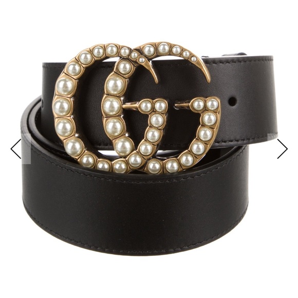 Gucci Black Belt with Gold Pearl Logo - Picture 1 of 3